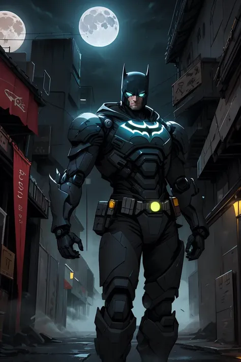 absurdres, 1boy, (at night:1.4), dark alley, moon, BREAK grey (android (batman:0.8)) in (matte black hardsuit:1.2), military, roughed up, mechanical arms, city fog, (glowing white eyes) , <lora:nijiarmor_anime_v2:0.7>