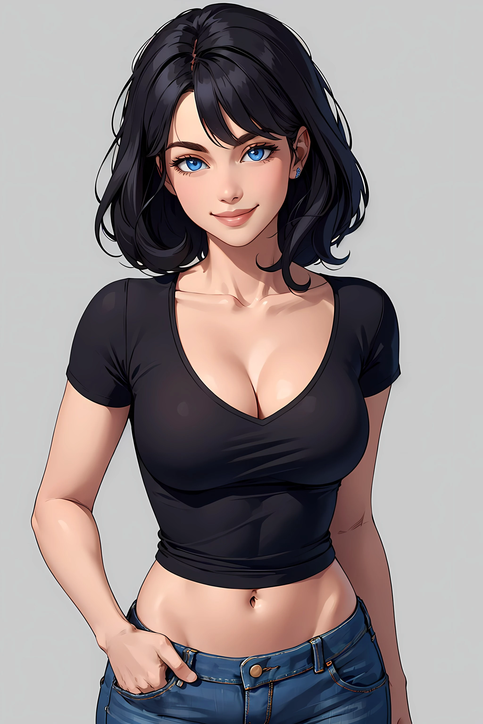 masterpiece, best quality, cartoon rendering, upper body, solo, woman, smile, black hair, blue eyes, flat chest, cleavage, navel, loose clothes, black v-neck t-shirt, jeans, facing the viewer, standing, plain background