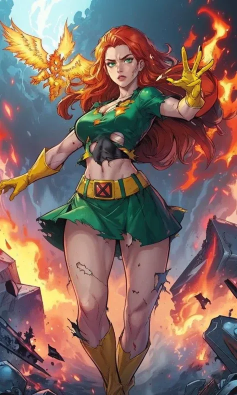 masterpiece:2, best quality:2, highly detailed:2, 8k, horror background, anime, 1girl\(20-year-old, diva, grinning, evil, athletic:1.2, muscular:1.2, abs:1.2, long legs:1.4, curly red hair, big breasts, green stockings, green thigh boots with high heels, revealing clothes:1.2, slender waist, tight butts, beautiful face, red eyes, dynamic pose\), full-body image:1.2