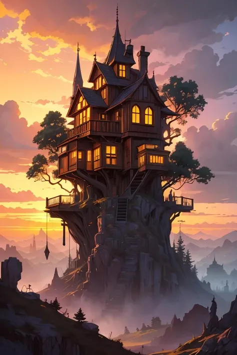 valley, fairytale treehouse village covered, , matte painting, highly detailed, dynamic lighting, cinematic, realism, realistic, photo real, sunset, detailed, high contrast, denoised, centered, michael whelan,<lora:GPTS4 dreamwave full_478773:0.3>