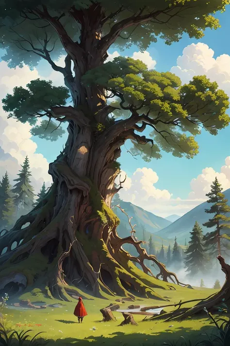 ((masterpiece:1.2, concept art, highest detail, best quality)),welcoming,Red Riding Hood in front of magnificent gnarled ancient meandering tree with intertweened meandering roots,filigree branches,mighty oak,gnurly burl,wood grain,wrinkled pine bark,rust,shadow play,mystic forest background, light breeze, immaculate green foliage,dendrarium,not so arid,magic mushroom harvest,plush grass,moss,bliss,blue skies with billowing cumulus clouds,(intricate details),perfect tetradic colors,amazing epic illustration,realistic,cuteism overload, digital ink sketch painting by Wonkeyman,