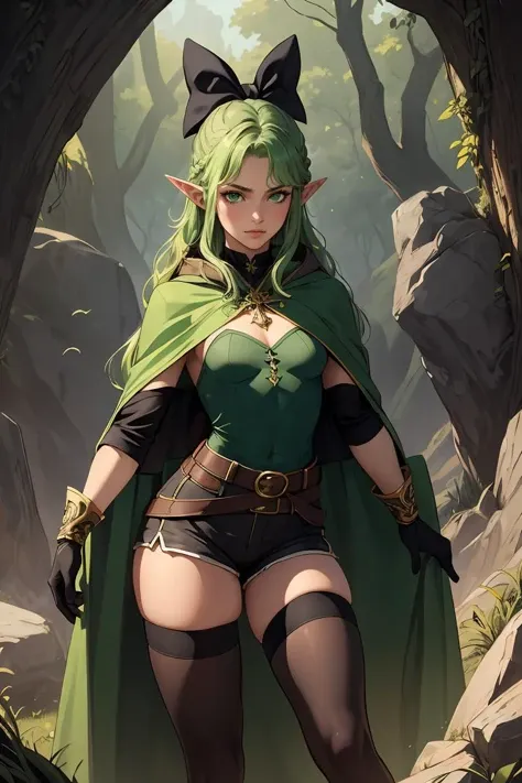 (masterpiece, best quality), intricate details, 1girl, elf, pointy ears, green hair, long hair, sidelocks, hair bow, green eyes, small breasts, cloak, black gloves, brown shorts, green thighhighs, short shorts, belt,fantastical scenes,<lora:GoodHands-beta2:1>