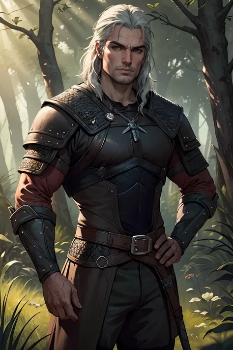 masterpiece,best quality, <lyco:GoodHands-beta2:1>, cowboy shot of henry cavill as geralt of rivia, muscular, chainmail, witcher, hands on hips, forest, sunlight, bright scene,model posing ,<lora:GoodHands-beta2:1>,