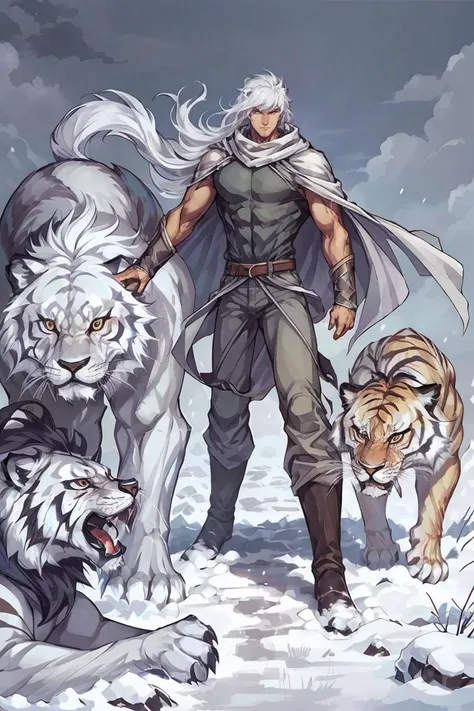 1boy,male focus,solo,cape,wolf,white hair,long hair,scarf,snow,lion,tiger,masterpiece,best quality,8k,<lora:hongkong_comic_style_v1a:0.8>,