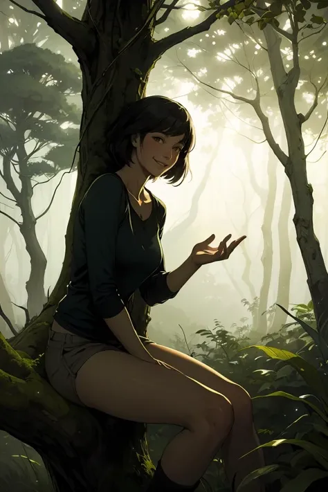 1 woman sitting on a tree smile fog, forest, fireflies Andrew Wyeth (masterpiece ) (best quality) (dramatic lighting, best shadow),<lora:GoodHands-beta2:1>