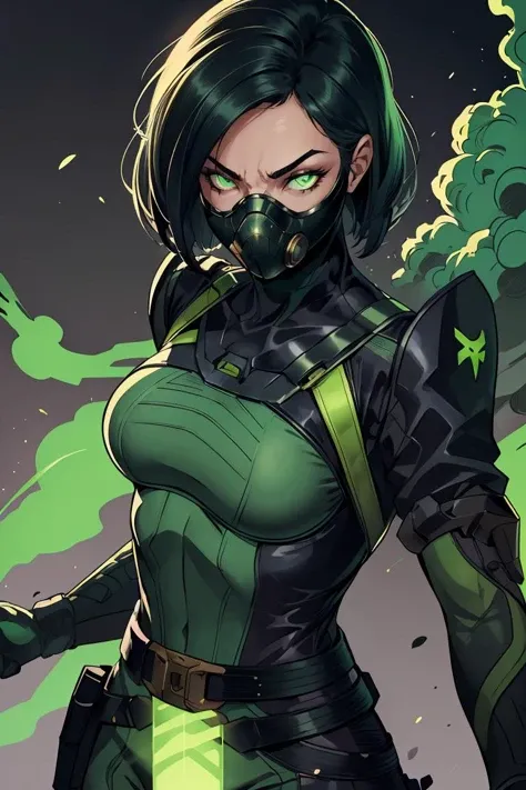 (original-art:1.2),(lineart:1.33),masterpiece,best quality,valorantviper,green bodysuit,elbow gloves,belt,gasmask,looking at viewer,face,portrait,close-up,glowing eyes,green smoke,holding pistol,action pose,dynamic pose,<lora:viper-nvwls-ver2-final:0.8>,<lora:GoodHands-beta2:1>,