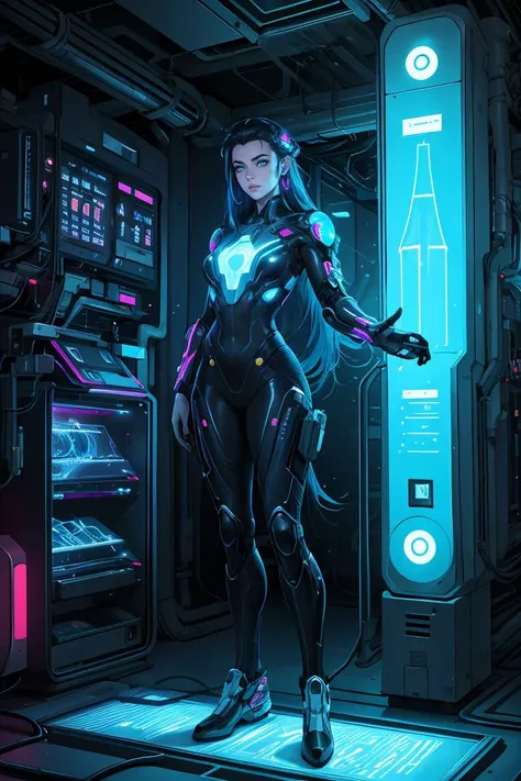 cyberpunk female lawyer, tron style, health bar over head, virtual courthouse, virtual jury, highly detailed, 8k, photorealistic, cinematic lighting, dramatic composition, neon colors, intricate futuristic architecture, holographic displays, advanced technology, dynamic poses, expressive facial features, vibrant colors, chiaroscuro lighting, depth of field, volumetric fog, procedural textures, hyper-realistic shaders, cinematic camera angles