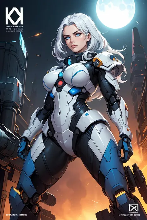 1 girl, frontal,blue eyes, white hair blowing in the wind, hands open, giant mecha warrior standing next to her, science fiction novel, mechanical armor, metallic luster, electroplating, clothing logo, Mars, spacecraft, floating cannon, hexagonal, (from bottom: 1.2), glow, backlight, (background blurry: 1.2) movie lighting, low illumination, VHS style, (masterpiece: 1.2), (best quality: 1.1), complex details, (Surrealism: 1.1), (Realistic details: 1.1), High level of detail, (The text on the cover should be bold and eye-catching, partially hidden behind the characters, with magazine titles and eye-catching titles: 1.2), Superview, Wide angle. Dynamic pose, lighting_ Stance, wide-angle lens,<lora:GoodHands-beta2:1>