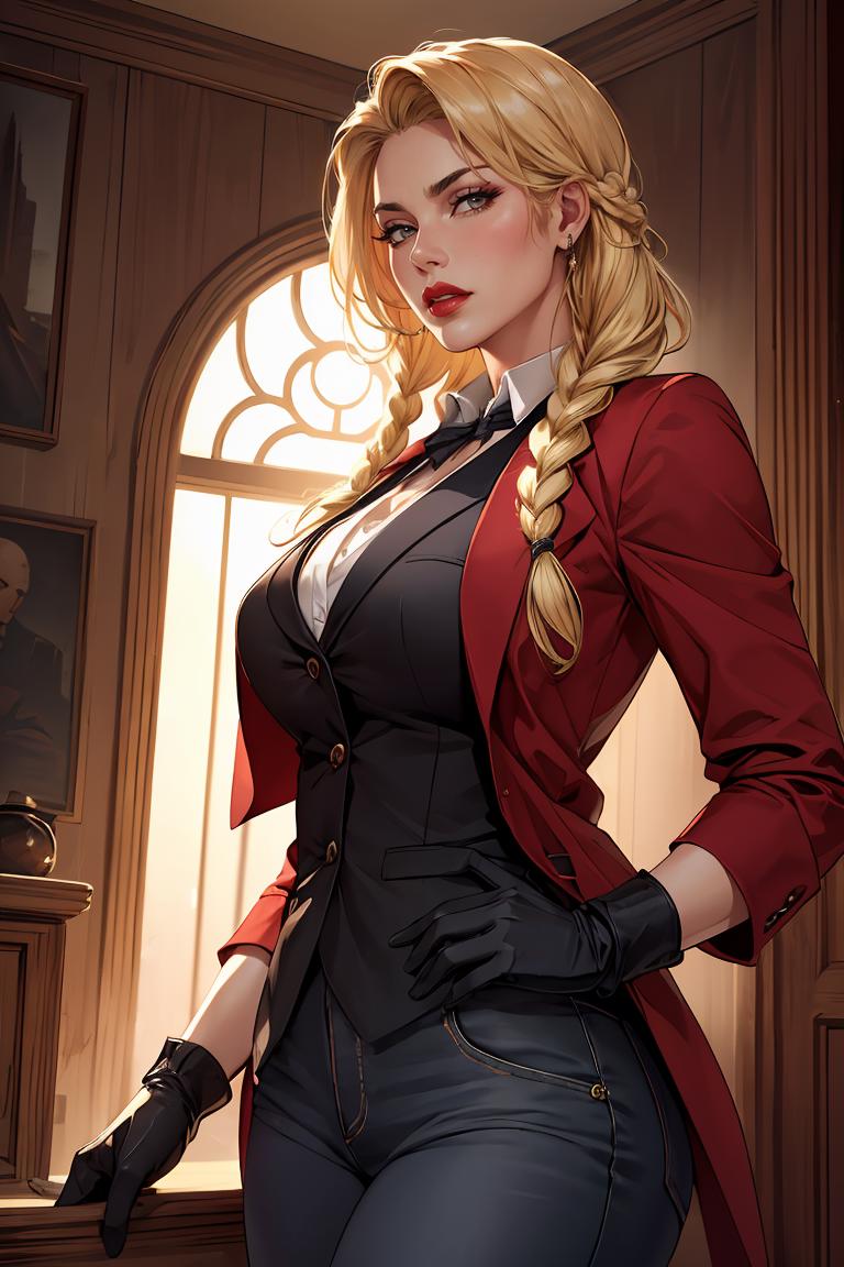 A woman in a red jacket and black pants posing for a picture - SeaArt AI