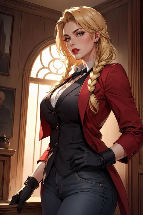 a close up of a woman in a red jacket and black pants, style artgerm, extremely detailed artgerm, in the style artgerm, artgerm style, style ivan talavera and artgerm, style of artgerm, alena aenami and artgerm, artgerm. high detail, graphic artist artgerm, tight jeans, beautiful face, blush cheeks, visible cameltoe