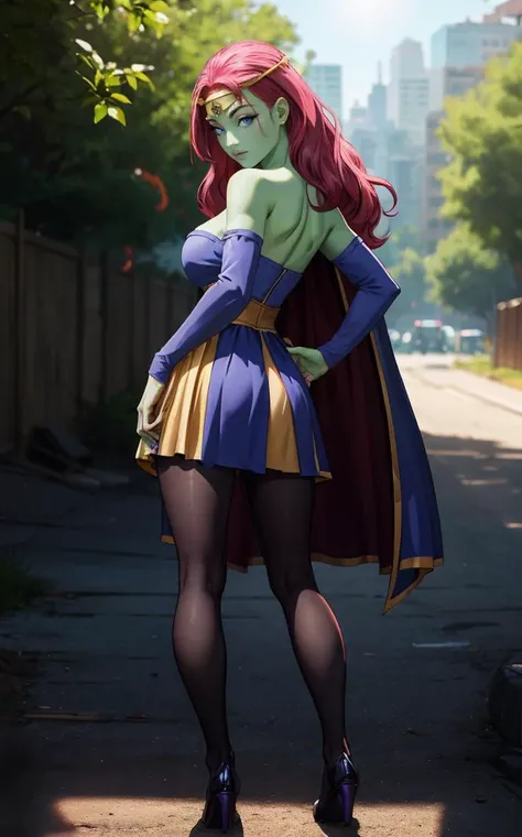 outdoors, lens flare, depth of field, bokeh, vanishing point, solo, looking at viewer,((masterpiece, best quality)), BREAK 
Dress_Caway_ownwaifu,
1girl, green skin, colored skin, pink hair, circlet, long hair, blue eyes, medium breasts, breasts, forehead jewel, makeup, 
detached sleeves, cleavage, bare shoulders, dress, cape, pantyhose, blue leotard, skirt, gem, long sleeves, strapless dress, purple skirt, 
(contrapposto, looking back)<lora:ANIME_DragonBallSuper_Caway_ownwaifu:0.75>, 
  insaneres, absurdres,