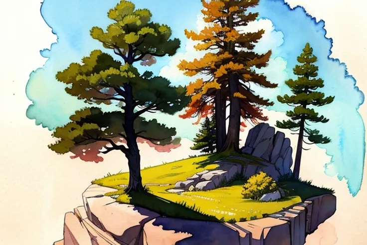 ((masterpiece, official art, watercolor sketch)), ((single lonely old pine)) on the rock in landscape, from distance