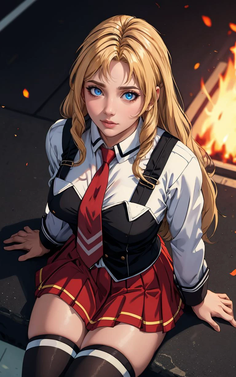 ((masterpiece, best quality)), insaneres, absurdres, solo, outdoors,
CLOTHING_BibleBlack_SchoolDress_ownwaifu,
1girl, blonde hair, long hair, blue eyes,
black vest, red skirt, white shirt, collared shirt, suspenders, school uniform, black thighhighs, zettai ryouiki, necktie, long sleeves, pleated skirt, red necktie,
(from above, sitting)<lora:CLOTHING_BibleBlack_SchoolDress_ownwaifu:0.9>,
lens flare, depth of field, bokeh, embers, vanishing point, looking at viewer,