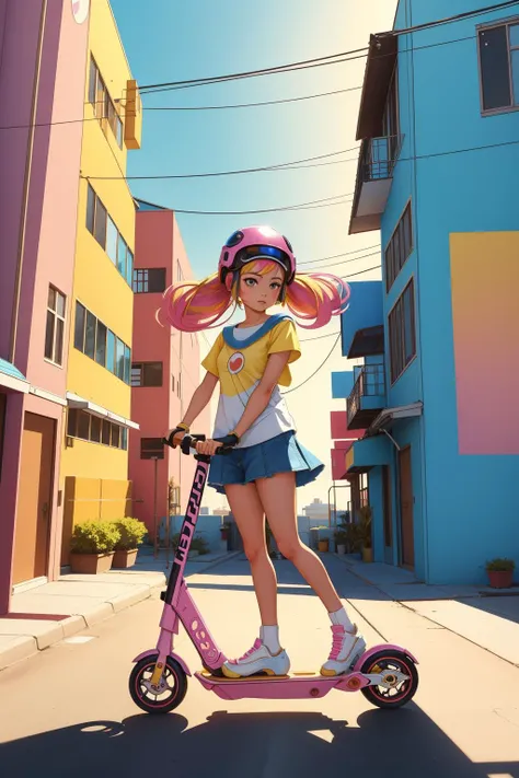 1girl, (designed by Deborah Turbeville:0.9) , vibrant wall Graffiti, masterpiece, cozy, upper body shot of a [Colombian|Islamic] ([Scooter|Rollerblades]:1.3) , the Scooter is very [Atari 2600 Style|Timeless] and Fluffy, it has intricate details, it is anthropomorphic reimagined as a Barbie doll character, centered Pastel Colors background, Gold reeds and space, at Twilight, Bokeh, Simple and clean, Light and Bright, stylized, Chibi Anime, spotlit, F/8, Primary Colors, dynamic composition, Encaustic Paint, masterpiece, absurdres, adorable, idyllic, simplistic