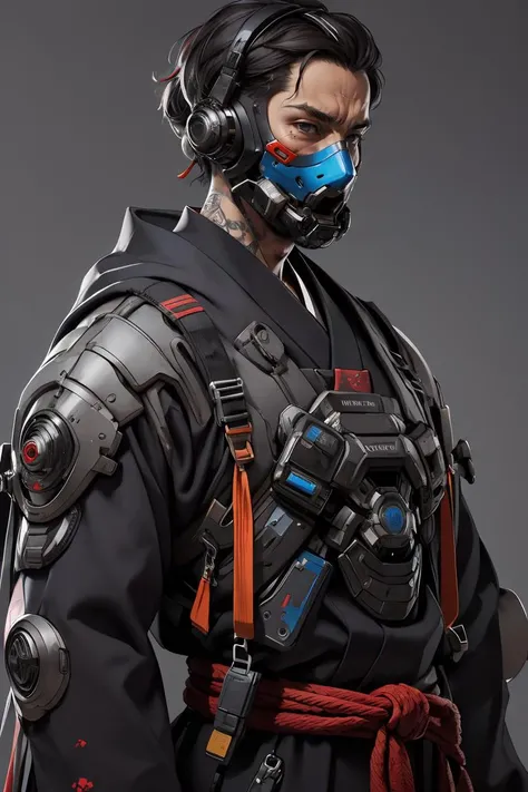 masterpiece. High quality,highest detailed,Armor,<lora:Cyberpunk Meca:0.7>,Cyberpunk Meca,mask,japanese clothing,japanese_clothes,upper_body,close-up,grey_background,