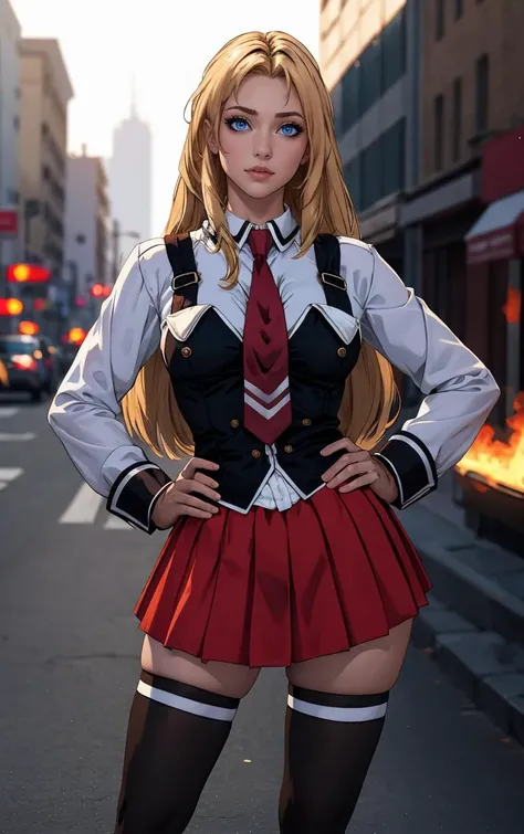 ((masterpiece, best quality)), insaneres, absurdres, solo, outdoors,
CLOTHING_BibleBlack_SchoolDress_ownwaifu,
1girl, blonde hair, long hair, blue eyes,
black vest, red skirt, white shirt, collared shirt, suspenders, school uniform, black thighhighs, zettai ryouiki, necktie, long sleeves, pleated skirt, red necktie,
(contrapposto, hand on hip)<lora:CLOTHING_BibleBlack_SchoolDress_ownwaifu:1>,
lens flare, depth of field, bokeh, embers, vanishing point, looking at viewer,