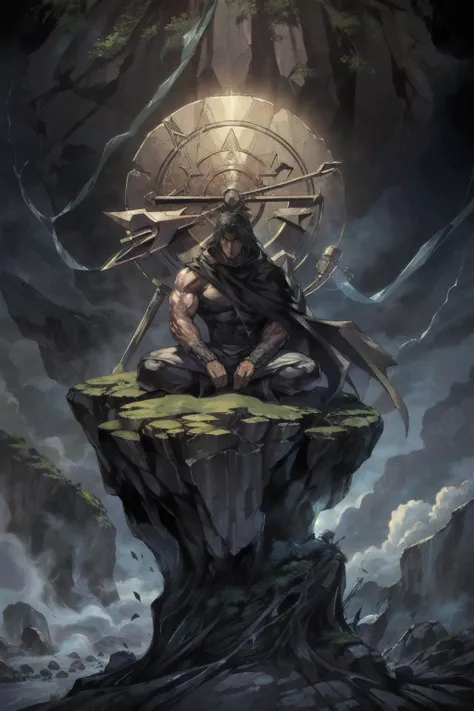 (huge filesize),best quality,masterpiece,very detailed,detailed CG,(Complex details:1.2),highres,
male focus,1boy,solo,indian_style,sitting_on_rock,looking_at_viewer,cloak,black_hair,(muscular),
<lora:港漫ç»é£hongkong_comic_style_v1a-000011:1>,