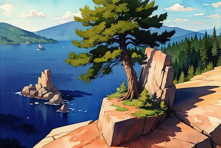 ((masterpiece, official art, watercolor sketch)), ((single lonely old pine)) on the rock in landscape, from distance