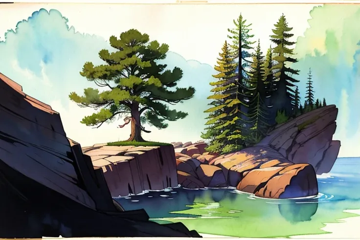 ((masterpiece, official art, watercolor sketch)), ((single lonely old pine)) on the rock in landscape, from distance