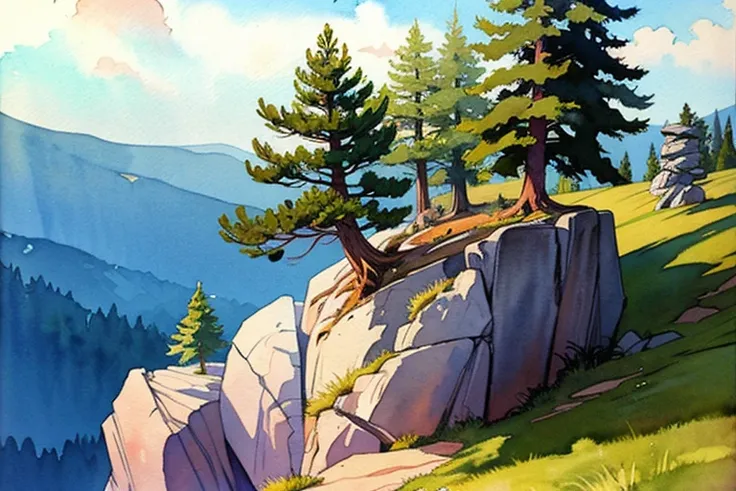 ((masterpiece, official art, watercolor sketch)), ((single lonely old pine)) on the rock in landscape, from distance
