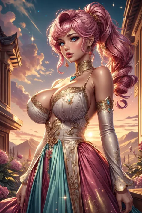 (ultra realistic,32k, masterpiece:1.2),(high detailed skin:1.1),( high quality:1.1)
1girl, pink hair, ponytail hair, bangs,(aqua eyes:0.5),[<lora:fengwu:0.33>sdmai, fengwu,(antique shop, vintage treasures, nostalgia, collectibles:0.8), windy, (leaf particles:1.1),flowers, cherry blossoms,:<lora:sara:0.5>glitter, sparkling, fireworks,:25],(looking at viewer, Bend forward:1.1),, (huge breast,large breast,:0.9),<lora:add_detail:0.96>,
(backlight:1.1)