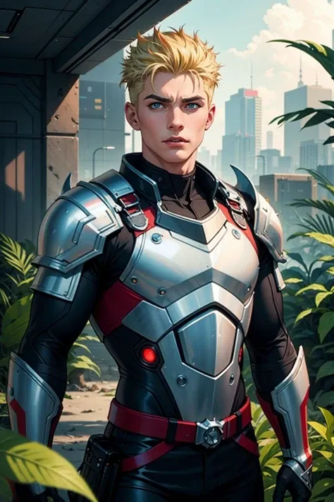blue and red holographic colors, futuristic, cartoon rendering, cinematic shot, best quality, masterpiece, realistic, 1boy, rugged masculine handsome, white armor made of plants, cyberpunk, short hair, spiked blonde hair, <lora:GoodHands-beta2:1>