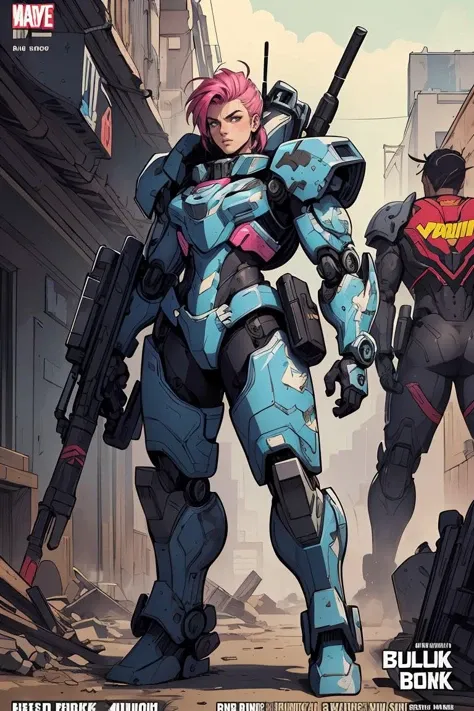 intricate flat shaded western comic book style cover art,[supermodel:woman:0.3] wearing full intricately detailed bulky plated mecha exoskeleton suit made of [red|yellow|white|blue] camo streak paint,[heavily weathered and scratched,:0.5] [pink punk side shaved hairstyle:0.3],micro detailing,detailed intricate linework,(behind bold english (text title)),logos,cover page,