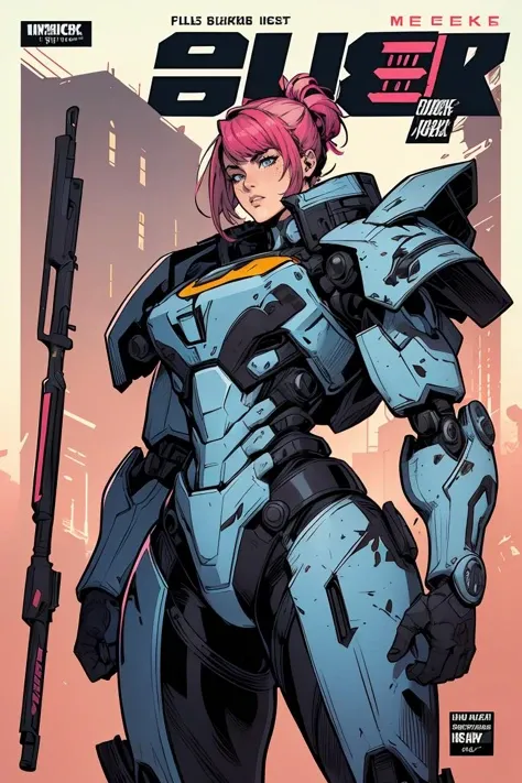 intricate flat shaded western comic book style cover art,[supermodel:woman:0.3] wearing full intricately detailed bulky plated mecha exoskeleton suit made of [red|yellow|white|blue] camo streak paint,[heavily weathered and scratched,:0.5] [pink punk side shaved hairstyle:0.3],micro detailing,detailed intricate linework,(behind bold english (text title)),logos,cover page,