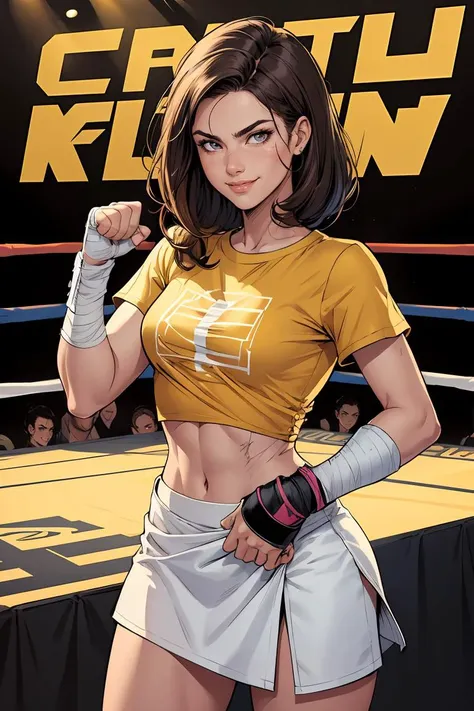 young woman with brunette hair, wearing [golden|yellow|off-white] tshirt crop top and white pencil miniskirt, detailed soft face, confident arrogant smile expression, detailed hair, detailed cloth folds, skinny body, scars, detailed outlines, modern comic book style, fighter hand wrapped finger bandages, wrist brace, on stage, hand guard stance, fight night weigh-in, flat colors