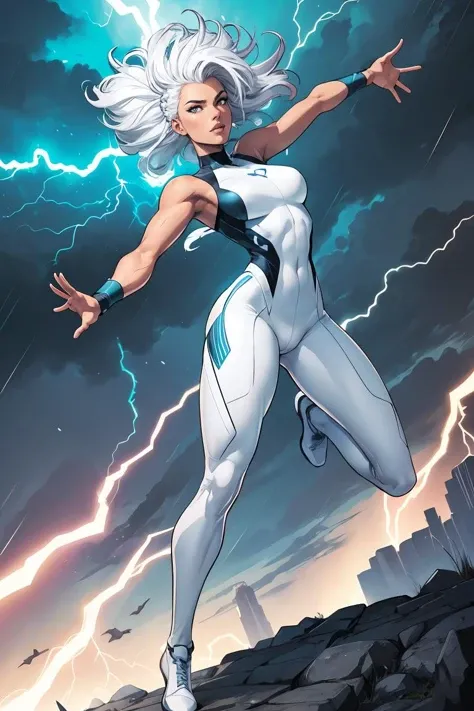 Digital painting of a woman with silver and white messy hair, long hair, Superhero, Muscle Girl, frying, Pose, fist up, From above, 1 knee up, bare shoulder, Behance Contest Winner, Afrofuturism, Synthwave, neon, glowing neon, Huge saggy breasts, (cute smile face:0.25),