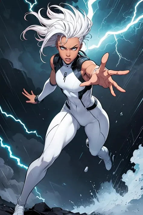 storm from xmen, african supermodel, flying in a stormy hurricane, (detailed face), in the sky, dynamic action pose, in a thunderstorm, (lighting on [hand:arms:0.4], hands outstretched, energy hands), white mohawk hair, (white skintight clothes), glowing white eyes, foreshortened, intricate background, linework, 90s comic book style, flat colors, detailed linework, full body