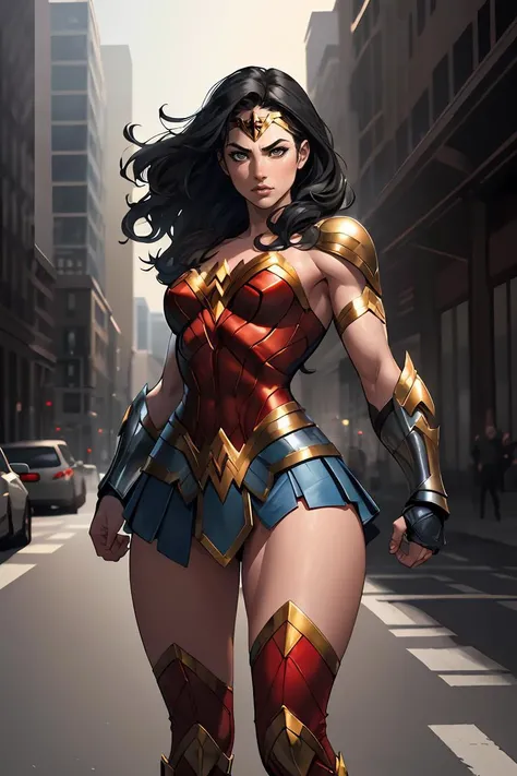 Impasto,digital art,JoeMAD2023, wonder woman, fighting stance, action pose, 1girl, metropolis, 8k, uhd, best quality, cartoon, armor, trending on artstation, vibrant colors, long black hair, short skirt, armored skirt, trending on artstation, volumetric lighting, best quality, masterpiece, realistic  <lora:JoeMAD2023:0.8>