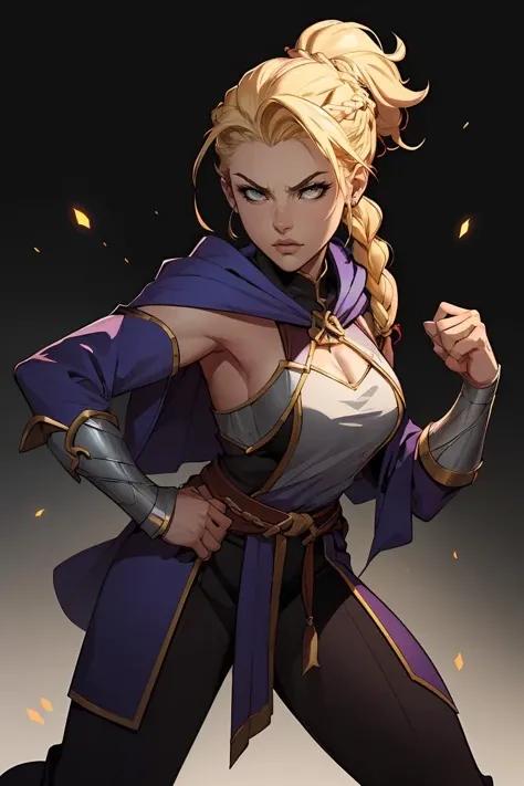 JoeMAD2023, mage, fighting stance, action pose, 1girl, 8k, uhd, best quality, cartoon, armor, trending on artstation, vibrant colors, blonde hair, braid, robe, epic fantasy, magic powers,
<lora:JoeMAD2023:0.8>,