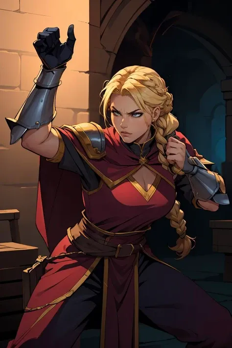 JoeMAD2023, mage, fighting stance, action pose, 1girl, 8k, uhd, best quality, cartoon, armor, trending on artstation, vibrant colors, blonde hair, braid, robe, epic fantasy, magic powers,
<lora:JoeMAD2023:0.8>,