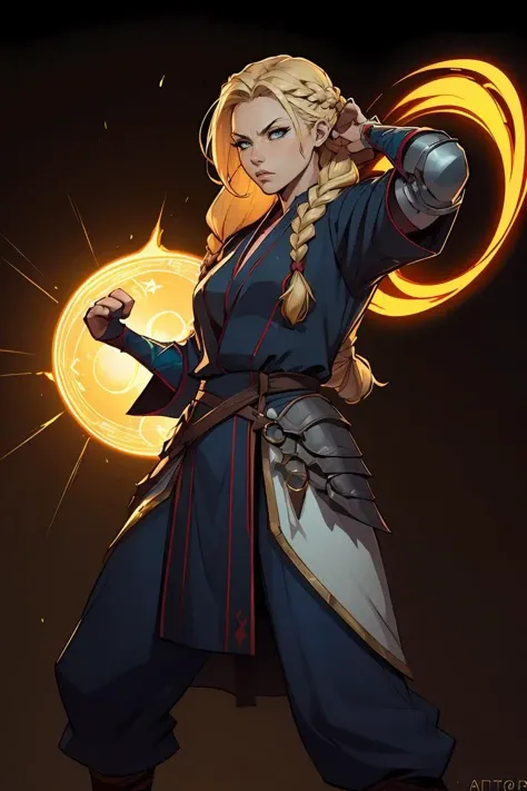 JoeMAD2023, mage, fighting stance, action pose, 1girl, 8k, uhd, best quality, cartoon, armor, trending on artstation, vibrant colors, blonde hair, braid, robe, epic fantasy, magic powers,
<lora:JoeMAD2023:0.8>,