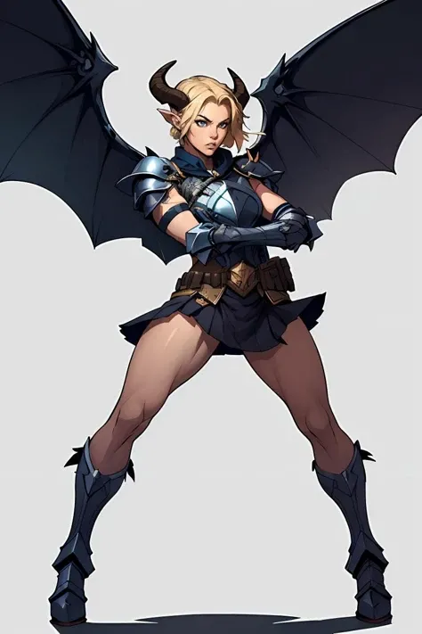 JoeMAD2023, mage, fighting stance, action pose, 1girl, metropolis, 8k, uhd, best quality, cartoon, armor, trending on artstation, vibrant colors, short blonde hair, short skirt, armored skirt, epic fantasy, dark wings, horns,
<lora:JoeMAD2023:0.8>,