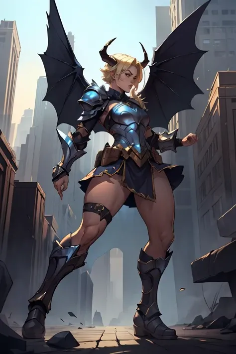 JoeMAD2023, mage, fighting stance, action pose, 1girl, metropolis, 8k, uhd, best quality, cartoon, armor, trending on artstation, vibrant colors, short blonde hair, short skirt, armored skirt, epic fantasy, dark wings, horns,
<lora:JoeMAD2023:0.8>,