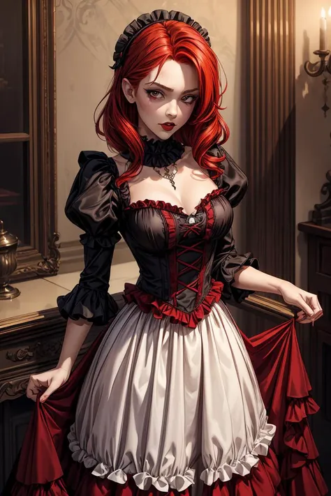 (masterpiece, best quality), 1girl, red hair, medium chest, gothic frill dress, pervert face, <lora:add_detail:1>