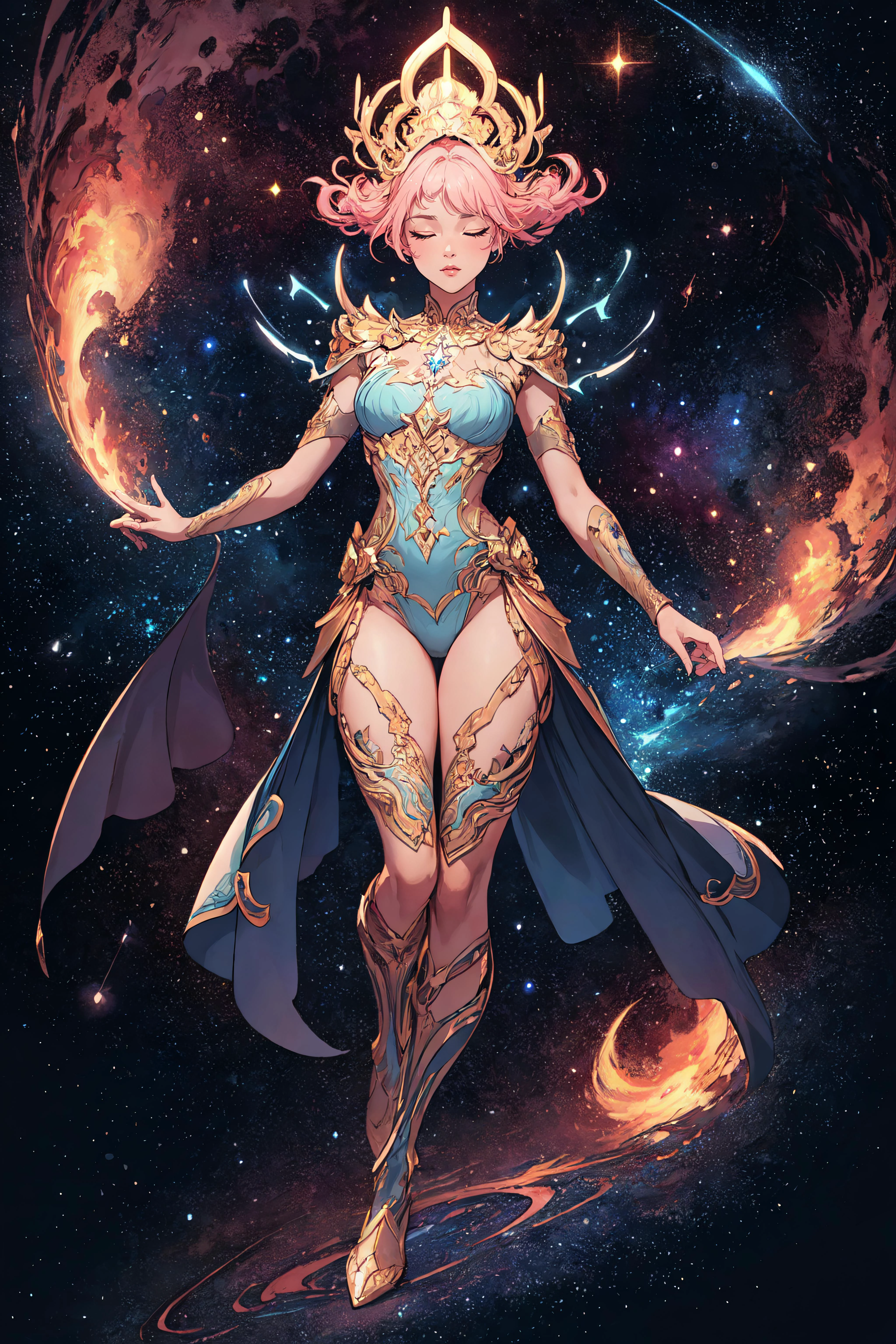 8K, (masterpiece, best quality:1.5), CG illustration, professional illustration, intricate details, highres, detailed skin, detailed background, high contrast, dreamy background, cinematic lighting, colorful, overly detailed art, hyper artistic style, shinning starry sky, blue, 1 girl, full body, closing eyes, luminous body, shiny aura, cosmos, cosmic, cosmic being, goddees, galactic body, SFW