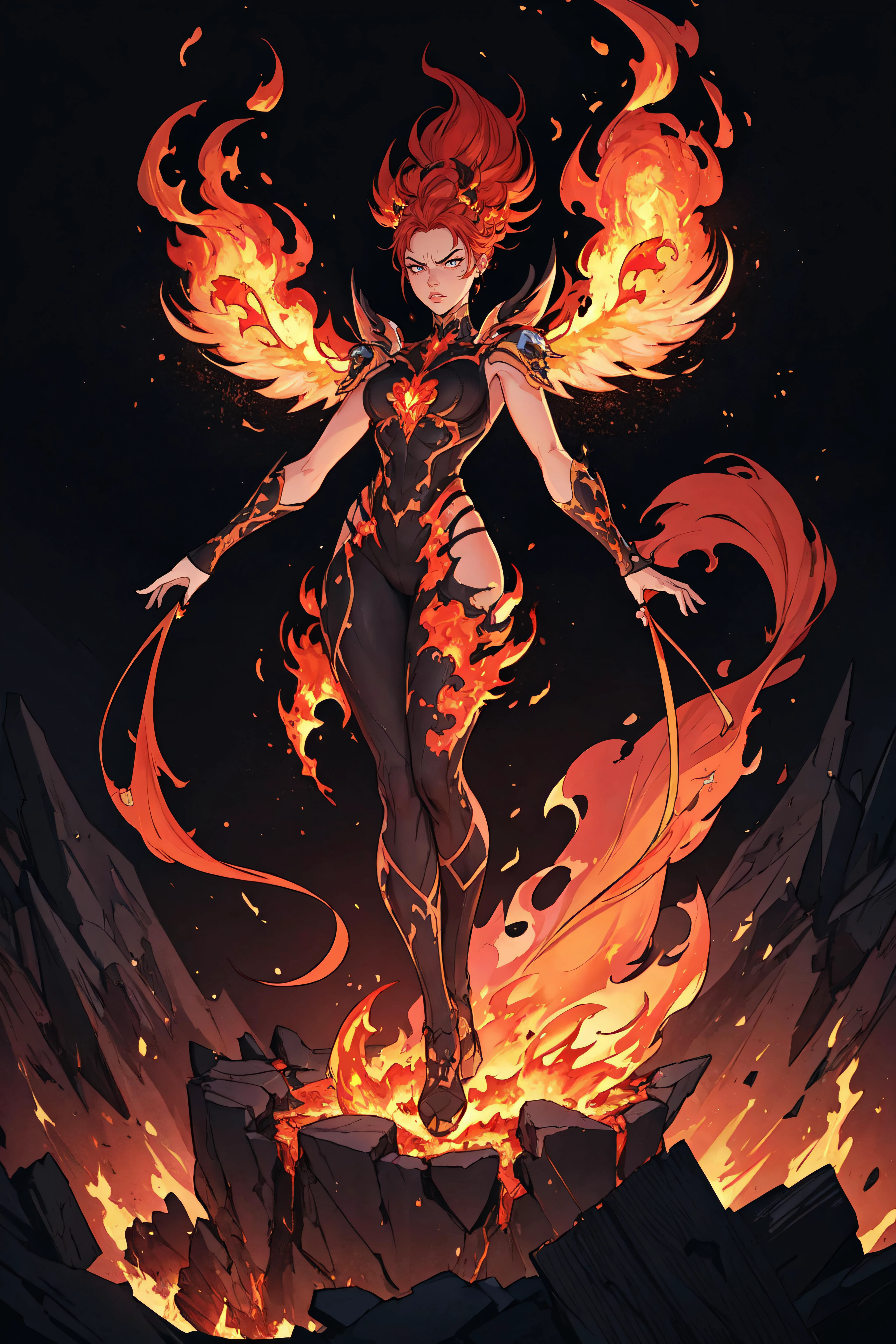 8K, (masterpiece, best quality:1.5), CG illustration, professional illustration, intricate details, highres, detailed skin, detailed background, high contrast, dreamy background, cinematic lighting, colorful, overly detailed art, hyper artistic style, 1 girl, molten rock, flames, god of fire and lava, flame around body, full body, ruined castle at the background, flame face, flaming hair, angry face, flame, red aura, SFW