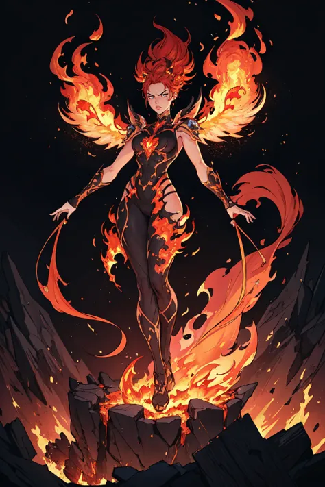 8K, (masterpiece, best quality:1.5), CG illustration, professional illustration,  intricate details, highres, detailed skin, detailed background, high contrast, dreamy background, cinematic lighting, colorful, overly detailed art, hyper artistic style, 1 girl, molten rock, flames, god of fire and lava, flame around body, full body, ruined castle at the background, flame face, flaming hair, angry face, flame, red aura, SFW