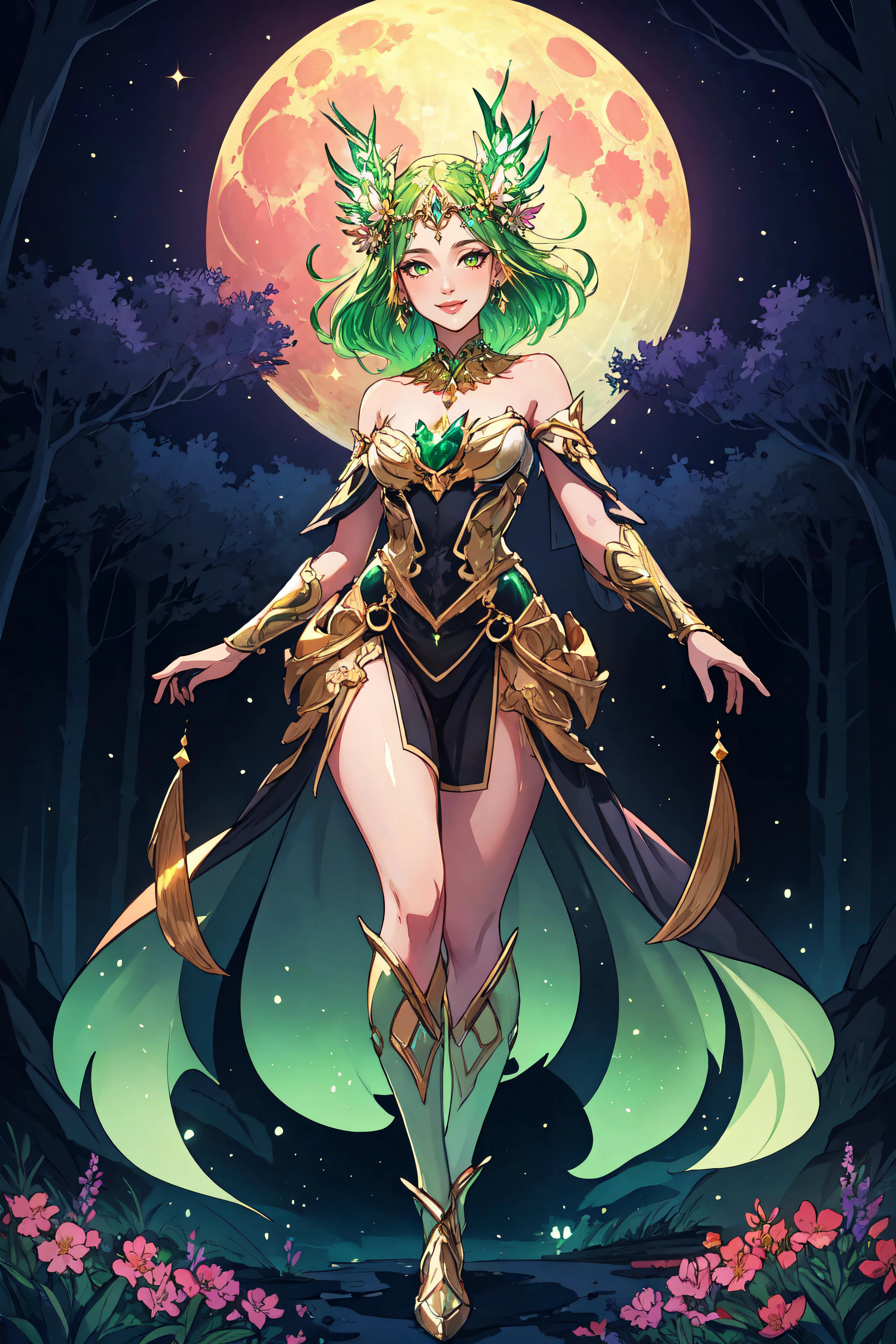 8K, (masterpiece, best quality:1.5), CG illustration, professional illustration, intricate details, highres, detailed skin, detailed background, high contrast, dreamy background, cinematic lighting, colorful, overly detailed art, hyper artistic style, 1 girl, confident smile, goddess of nature, (goddess), flowers, woods, forest, small animals, nature friendly clothing, green aura, (shiny aura:1.5), full body, shiny yellow moon, night, magical, (horns:0.4), blue and purple background, mystic, SFW