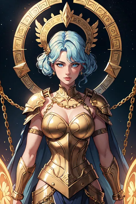 8K, (masterpiece, best quality:1.5), CG illustration, professional illustration, intricate details, highres, detailed skin, detailed background, high contrast, dreamy background, cinematic lighting, colorful, overly detailed art, hyper artistic style, 1 girl, muscular female, goddess of light, gold trim, halo, nimbus, pastel blue eyes, (pantheon), golden chain armour, (shining chainmail), shinning starry sky, holding beam,  looking at viewer