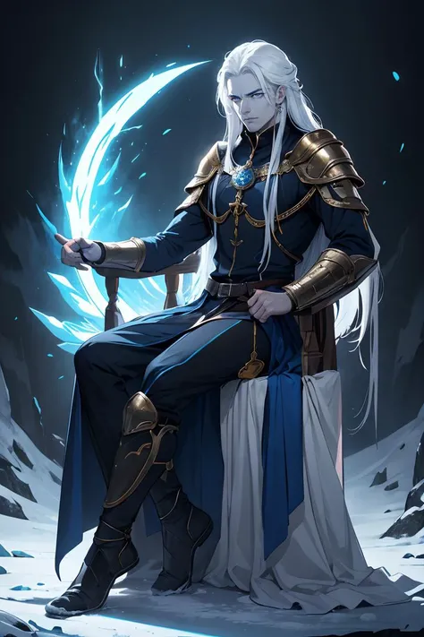 volumetric lighting depth,masterpiece, extreme detailed, delicate eyes, magical energy, naturemagic, insane detailes, medieval fantasy, detailed skin, detailed face, detailed background, blue skin, dark fantasy, solo pretty male assassin , bored , sitting on ice throne, side view,medieval clothes , (very long white hair)+, glowing blue eyes, action pose , full body, cinematic lighting, insanely details, light tracing, symetric eyes, action shot