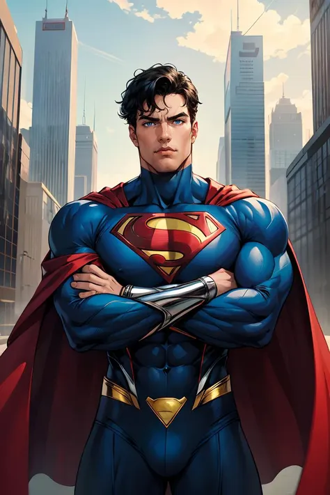 1boy, superman, abs, bara, black hair, blue bodysuit, blue eyes, bodysuit, cape, closed mouth, crossed arms, large pectorals, male focus, muscular, muscular male, pectoral lift, pectorals, red cape, short hair, outdoors, skyscrapers, solo, superhero, upper body , ((masterpiece))