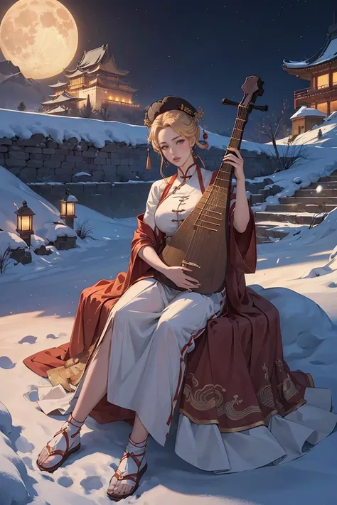 1girl, (playing_pipa, holding pipa), big breasts, moon,golden hair, Ancient Chinese fortresses background, city walls, desert, snow, outdoors, realistic, masterpiece, best quality, 8k, photorealistic, close up, sitting, <lora:pipa_v1a:0.75>