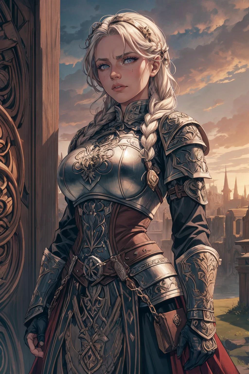 <lora:add_detail:0.5>, <lora:FZB_line_weights:0.4>, <lora:realistic:0.1>, <lora:sharpen-soften:-0.1>,
1 girl, adult russian woman, pink eyes, platinum blonde dutch braid,
portrait, solo, upper body, looking at viewer, detailed background, detailed face, (<lora:CeltPunkAI:0.5>, CeltPunkAI, tribal celtic theme:1.1), protector, keeping watch, shield, chainmail armor, leather gauntlets, heraldry, city gate in background, wind blowing, sunrise, medieval atmosphere,