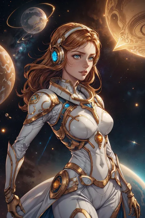 <lora:add_detail:0.5>, <lora:FZB_line_weights:0.4>, <lora:realistic:0.1>, <lora:sharpen-soften:-0.1>,
1 girl, adult (elven:0.7) woman, freckles, brown eyes, ginger layered hair,
Style-GravityMagic, portrait, solo, (full body:0.6), looking at viewer, detailed background, detailed face, (<lora:DecorationBundlev2:0.4>, ivorygoldai, ivory-gold theme:1.1), space explorer, wearing scifi space armor, headset, insignia, gazing into the abyss, zero gravity, space exploration, floating particles, communication device, endless stars in background, starlight, epic futuristic atmosphere,