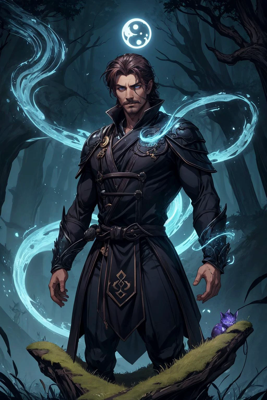 <lora:add_detail:0.5>, <lora:FZB_line_weights:0.4>, <lora:realistic:0.1>, <lora:sharpen-soften:-0.1>,
(1man, muscular adult welsh male:1.2), purple eyes, dark blonde hair, short mustache,
(Style-SwampMagic:0.4), solo, (full body:0.6), looking down, detailed background, detailed face, (<lora:YinYangTech:0.6>, yin, electric flow, yinyangtech theme:1.1), fungal mage, tranquility, conjuring gestures, dark blue clothing, swirling dark red magical energy in the air, natural, druidic, moss, fungal wisps, fungal regeneration, living mushrooms in background, peaceful dark night, mysterious mist, moonlight, ethereal atmosphere,