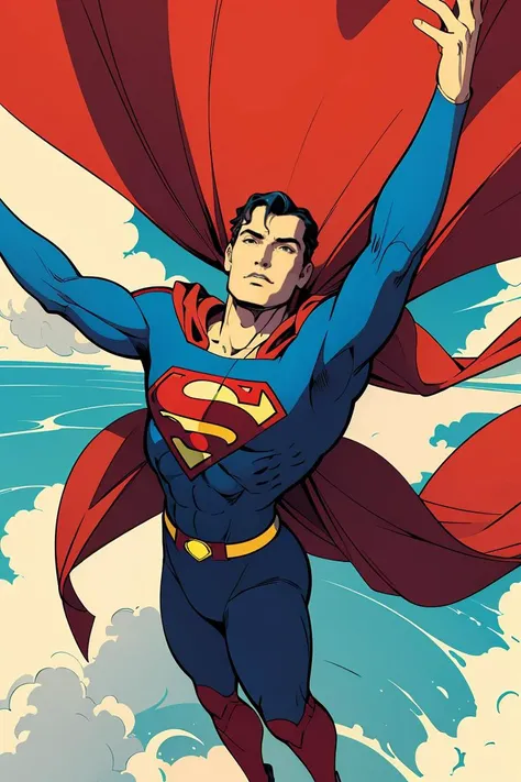 favre,Masterpiece,best quality,flat colors,illustration,2d,<lora:malikafavre-04:0.6>,old superman flying in the skies,